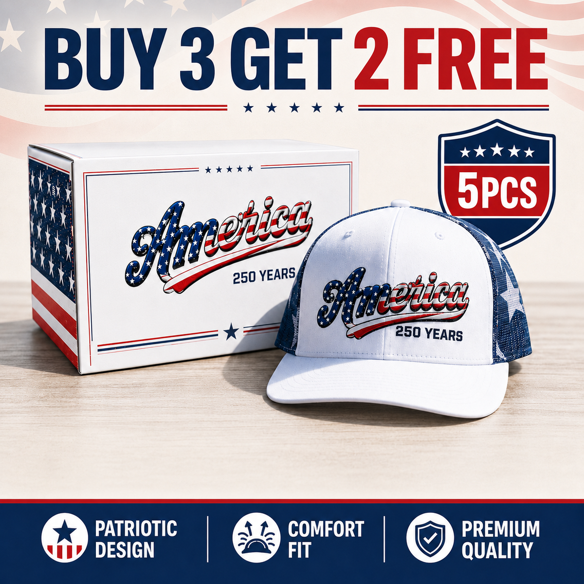 🔥 ❤️ 🇺🇸 America 250 Years Patriotic Embroidered Mesh Trucker Cap
