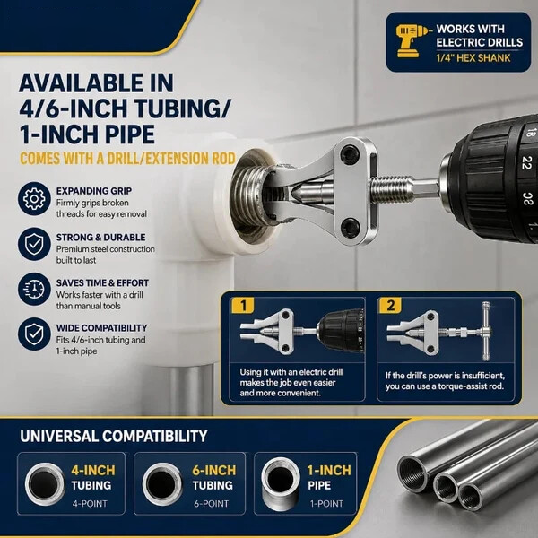š§Drill-Powered Broken Pipe Thread Extractor ā Universal 1/2", 3/4" & 1" Broken Pipe Nipple Remover Tool