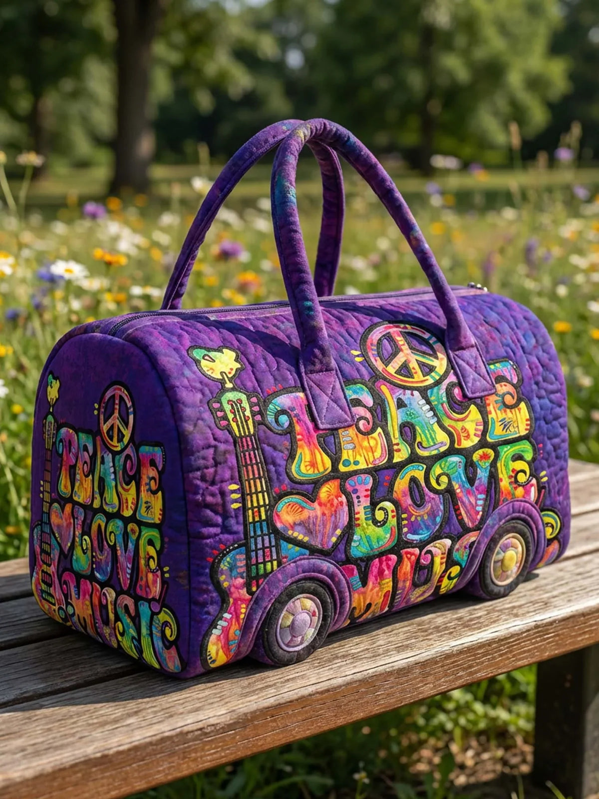 Hippie Music Peace Love Quilted Duffle Bag