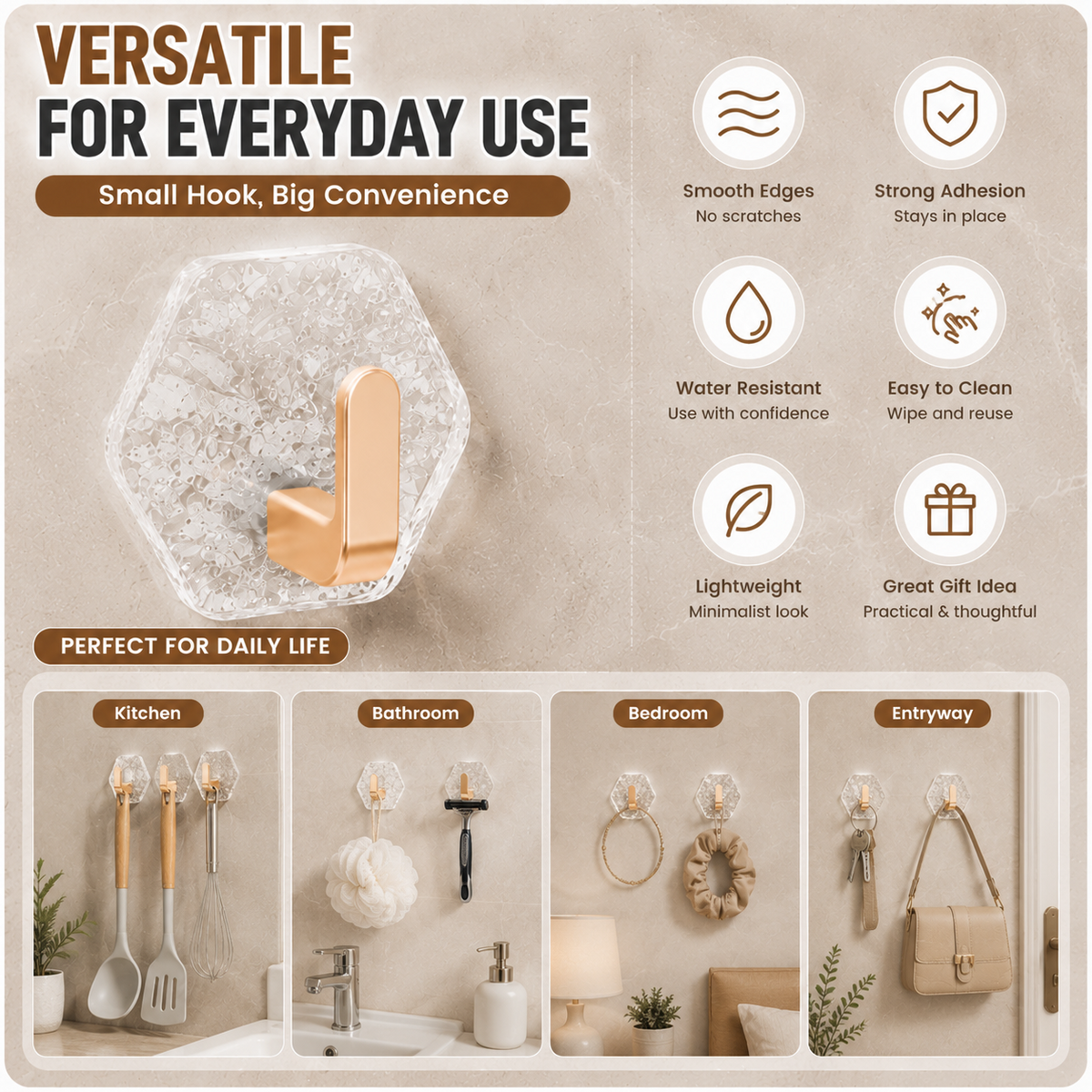 ✨Day Sale 50% OFF✨10 Pack Hexagonal Adhesive Wall Hooks – Waterproof Heavy Duty Hooks