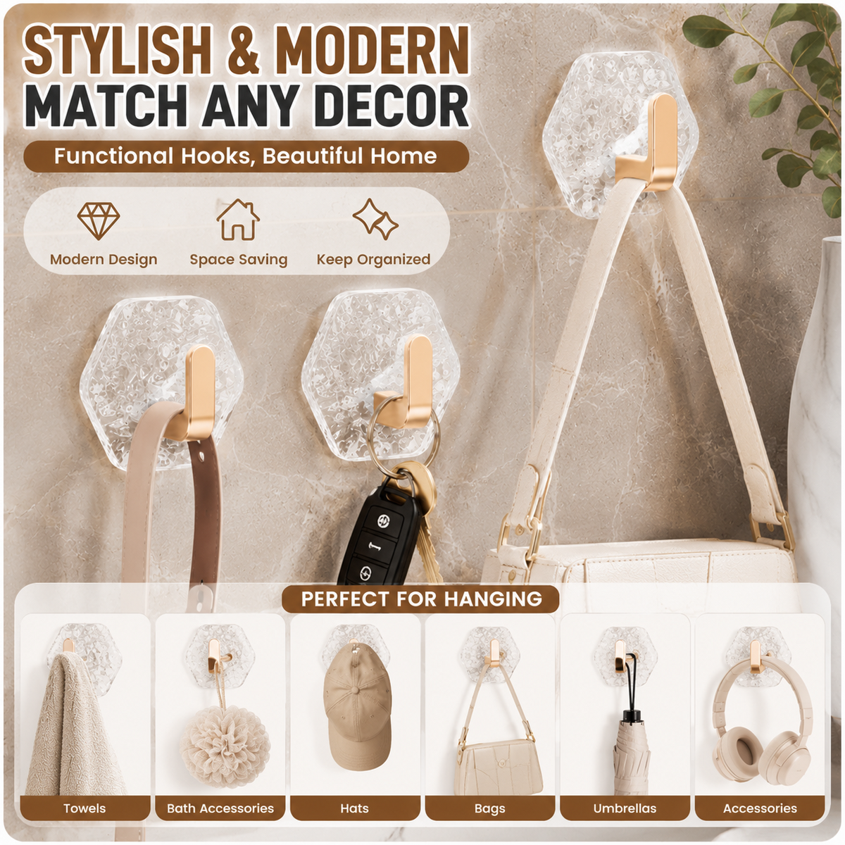 ✨Day Sale 50% OFF✨10 Pack Hexagonal Adhesive Wall Hooks – Waterproof Heavy Duty Hooks