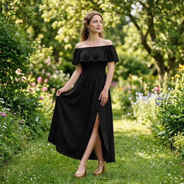 Plus Size Off Shoulder Split Maxi Dress with Ruffle and Pockets