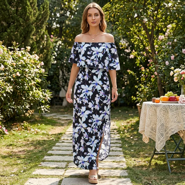 Plus Size Off Shoulder Split Maxi Dress with Ruffle and Pockets