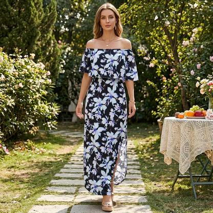 Plus Size Off Shoulder Split Maxi Dress with Ruffle and Pockets