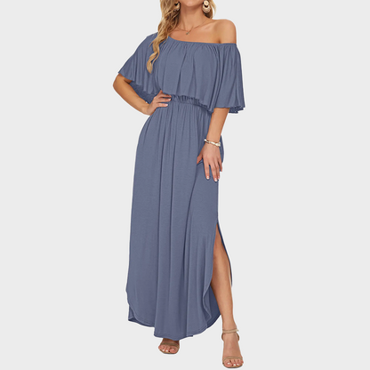 Plus Size Off Shoulder Split Maxi Dress with Ruffle and Pockets
