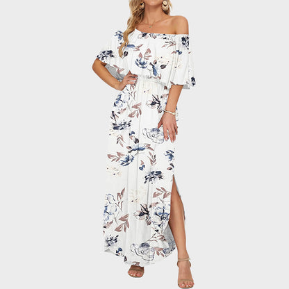 Plus Size Off Shoulder Split Maxi Dress with Ruffle and Pockets
