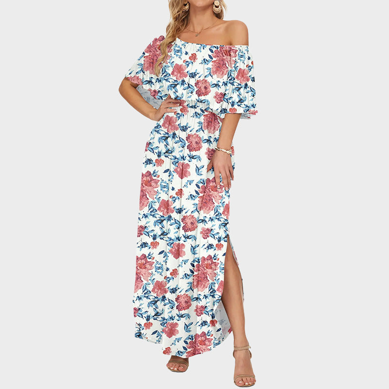 Plus Size Off Shoulder Split Maxi Dress with Ruffle and Pockets