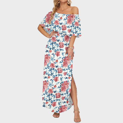 Plus Size Off Shoulder Split Maxi Dress with Ruffle and Pockets