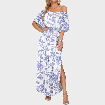 Plus Size Off Shoulder Split Maxi Dress with Ruffle and Pockets