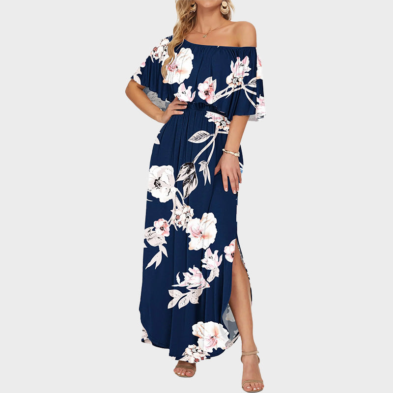 Plus Size Off Shoulder Split Maxi Dress with Ruffle and Pockets