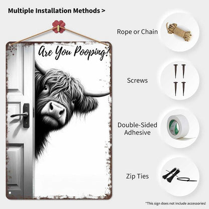 🔥Vintage Highland Cow Aluminum Sign: Funny "Are You Pooping?" Black and White Bathroom Wall Decor