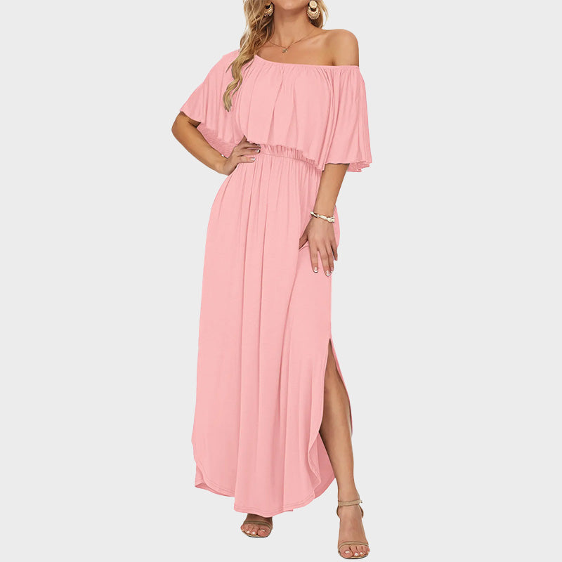 Plus Size Off Shoulder Split Maxi Dress with Ruffle and Pockets