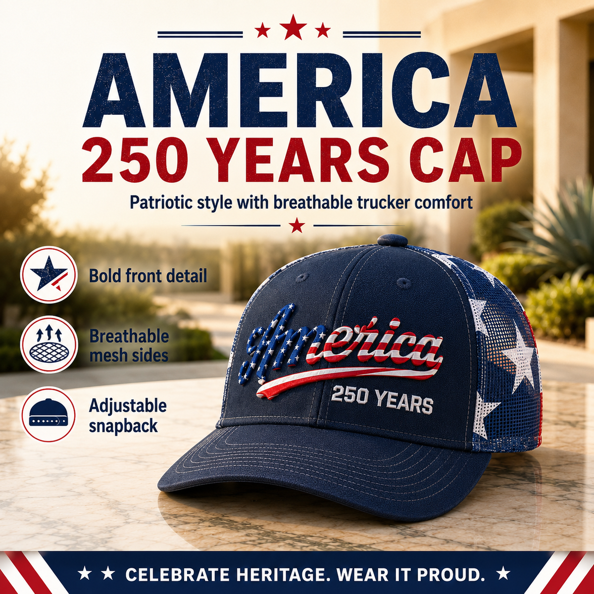 🔥 ❤️ 🇺🇸 America 250 Years Patriotic Embroidered Mesh Trucker Cap