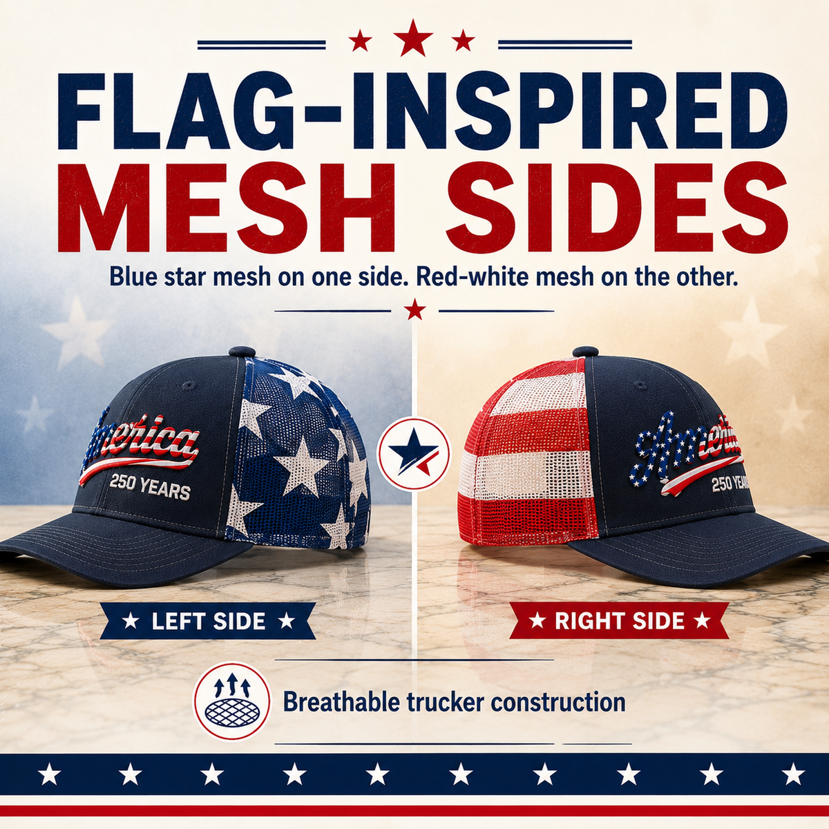 🔥 ❤️ 🇺🇸 America 250 Years Patriotic Embroidered Mesh Trucker Cap
