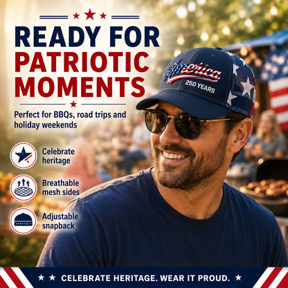 🔥 ❤️ 🇺🇸 America 250 Years Patriotic Embroidered Mesh Trucker Cap