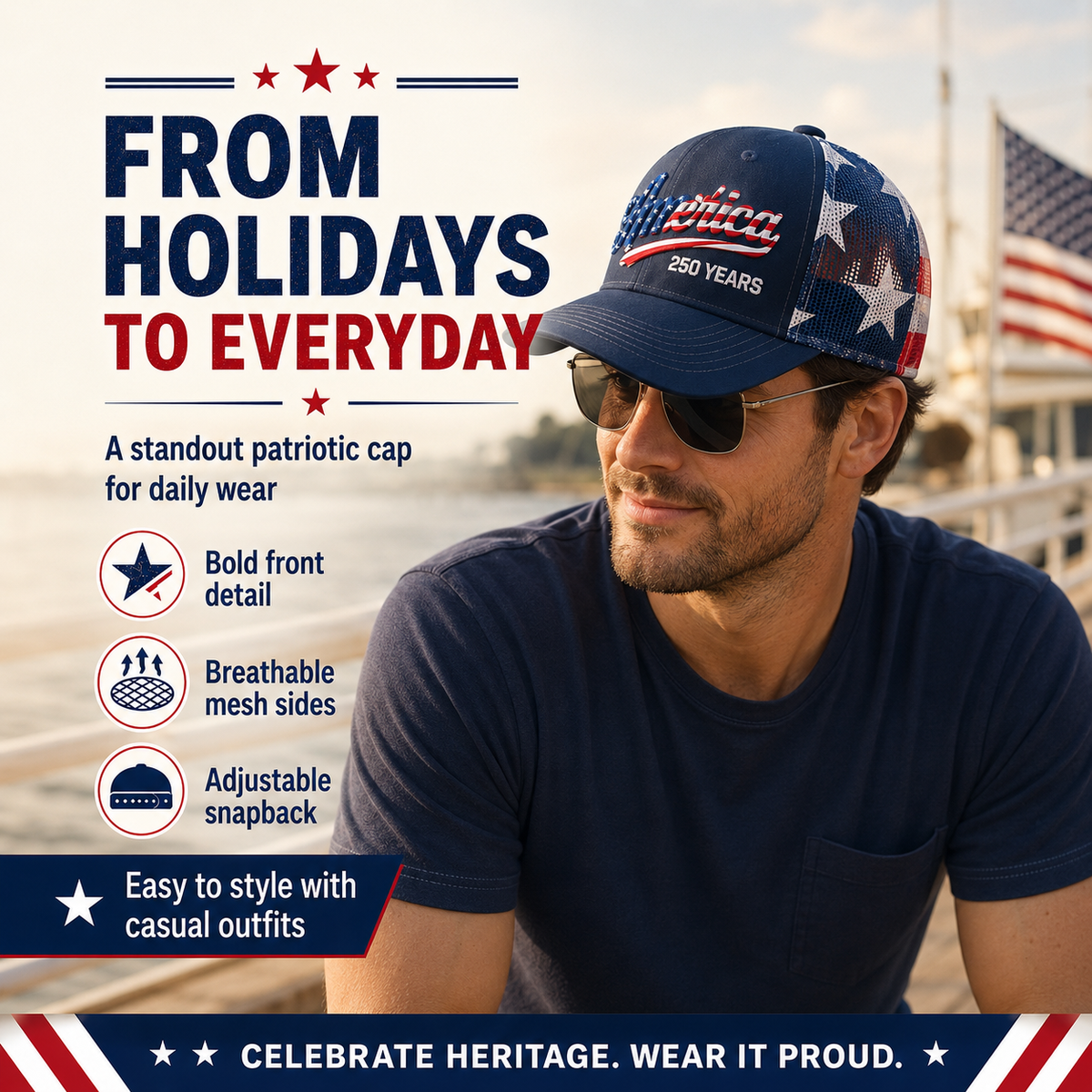 🔥 ❤️ 🇺🇸 America 250 Years Patriotic Embroidered Mesh Trucker Cap
