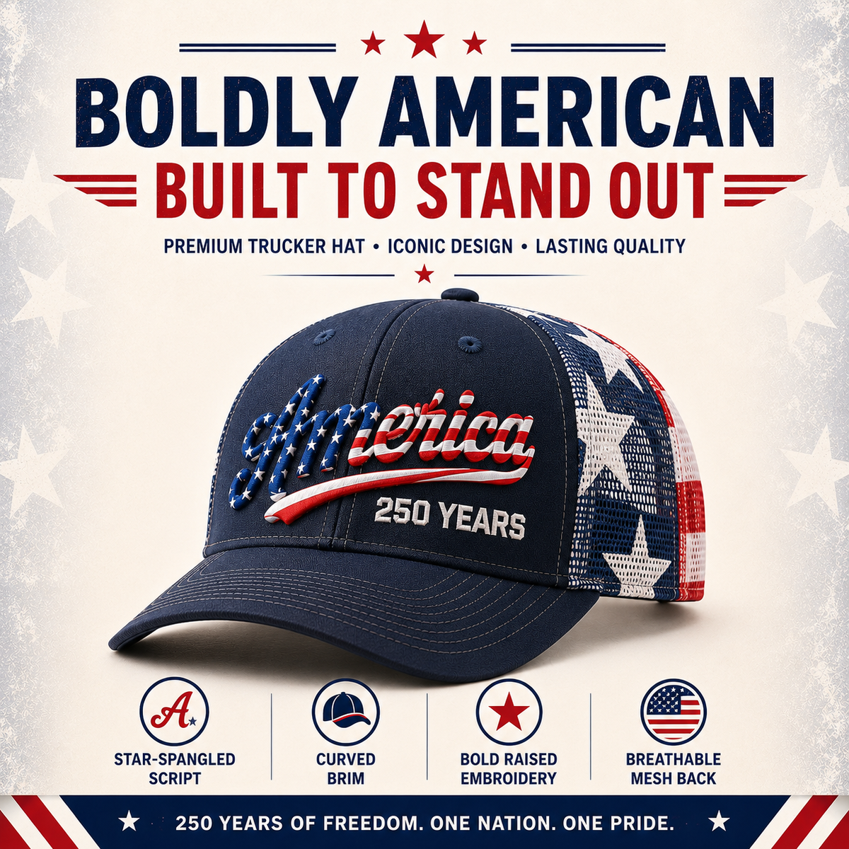 🔥 ❤️ 🇺🇸 America 250 Years Patriotic Embroidered Mesh Trucker Cap