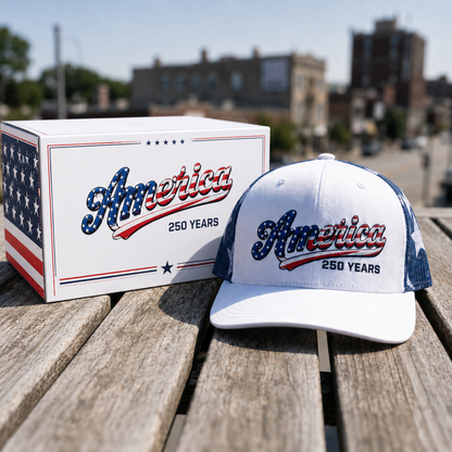 🔥 ❤️ 🇺🇸 America 250 Years Patriotic Embroidered Mesh Trucker Cap