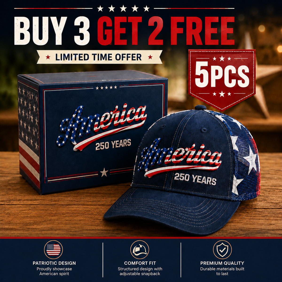 🔥 ❤️ 🇺🇸 America 250 Years Patriotic Embroidered Mesh Trucker Cap
