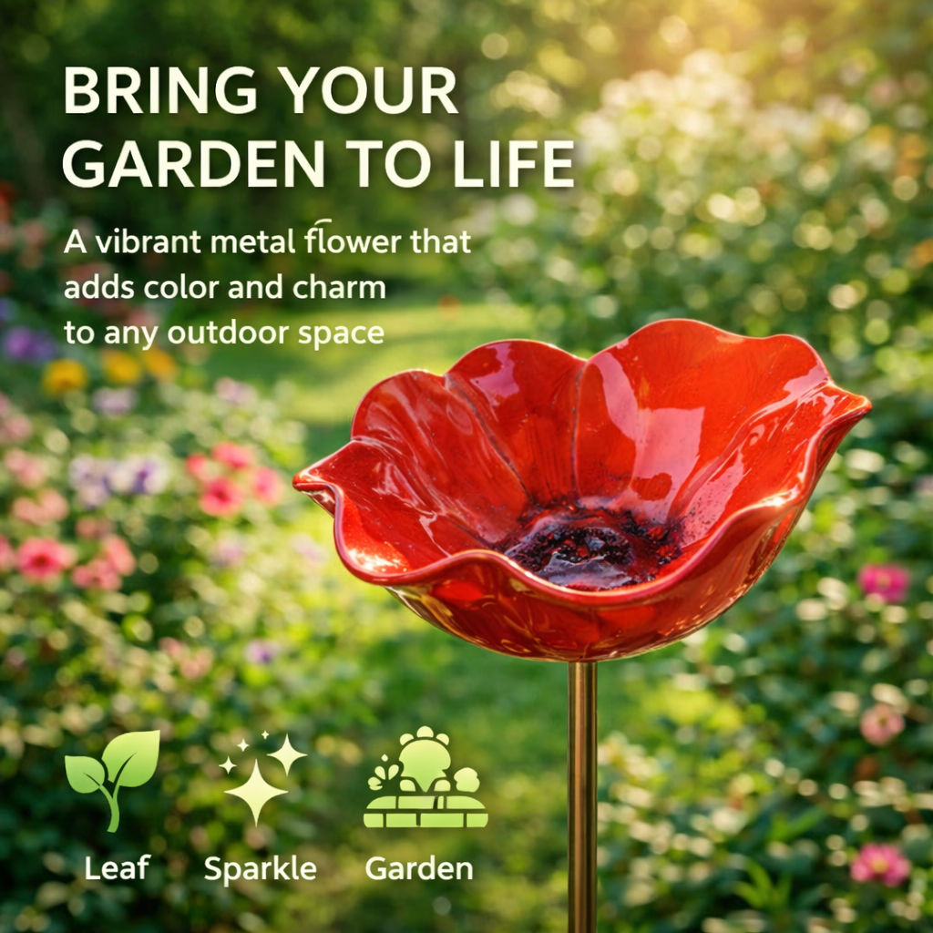 🐦 Handmade Metal Flower Garden Stake – Bird Bath & Outdoor Decor for Nature Lovers 🌸