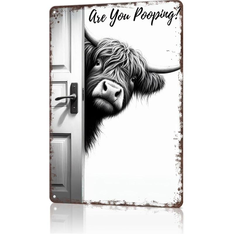 🔥Vintage Highland Cow Aluminum Sign: Funny "Are You Pooping?" Black and White Bathroom Wall Decor