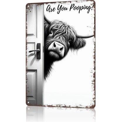 🔥Vintage Highland Cow Aluminum Sign: Funny "Are You Pooping?" Black and White Bathroom Wall Decor