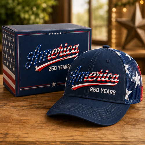 🔥 ❤️ 🇺🇸 America 250 Years Patriotic Embroidered Mesh Trucker Cap