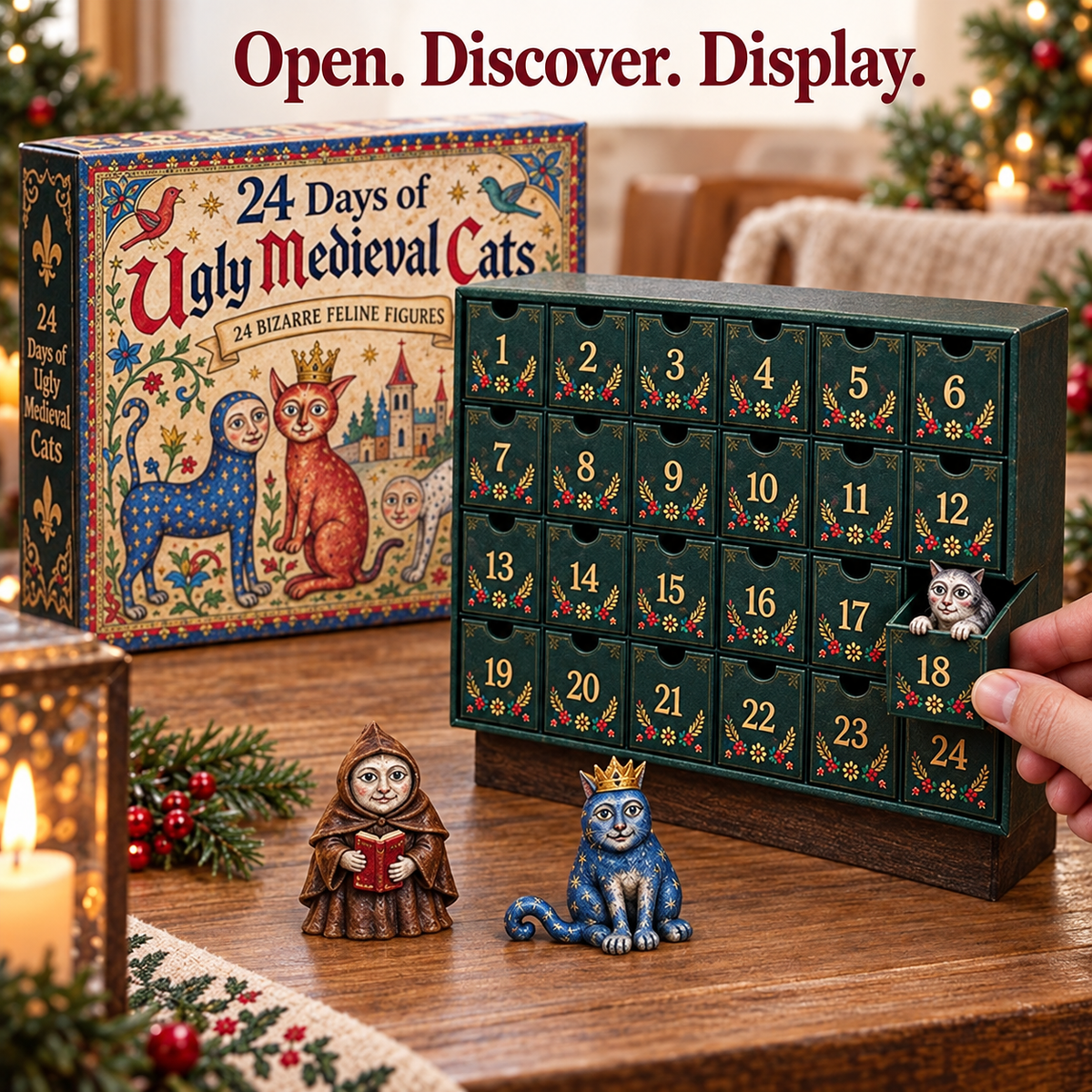 A hand opening a numbered drawer in the medieval cat calendar