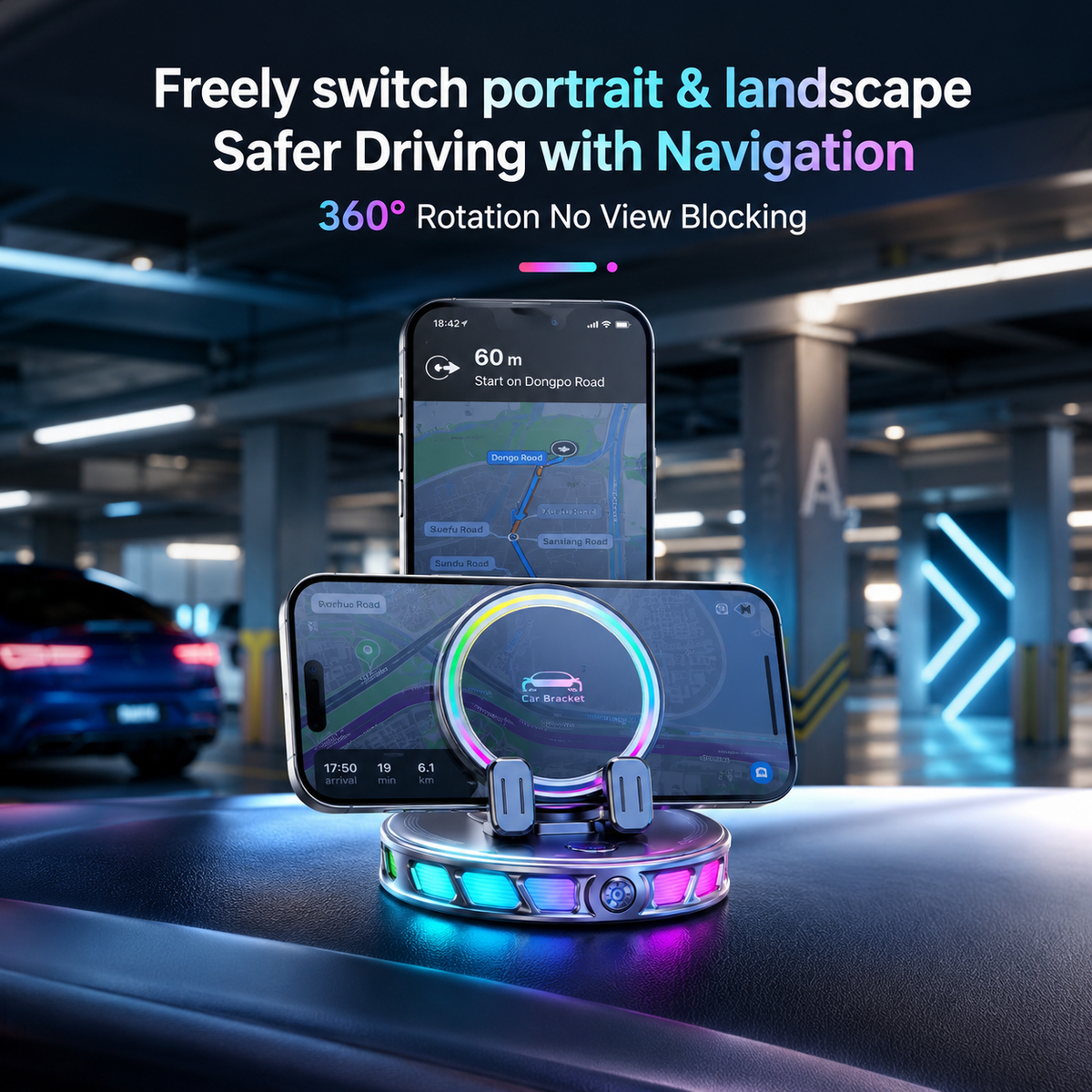 360° Rotating Wireless Charging Car Phone Mount with RGB Light