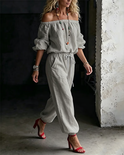 Off-Shoulder Tie Waist Cinched Waist Jumpsuit