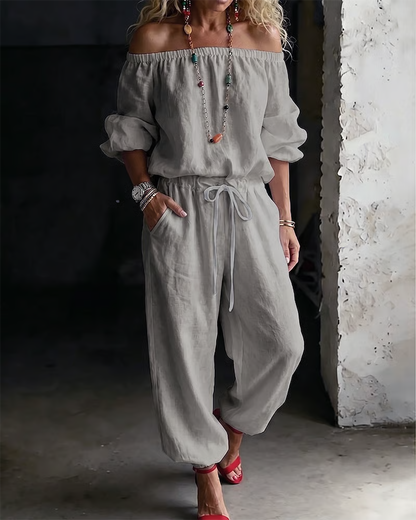 Off-Shoulder Tie Waist Cinched Waist Jumpsuit