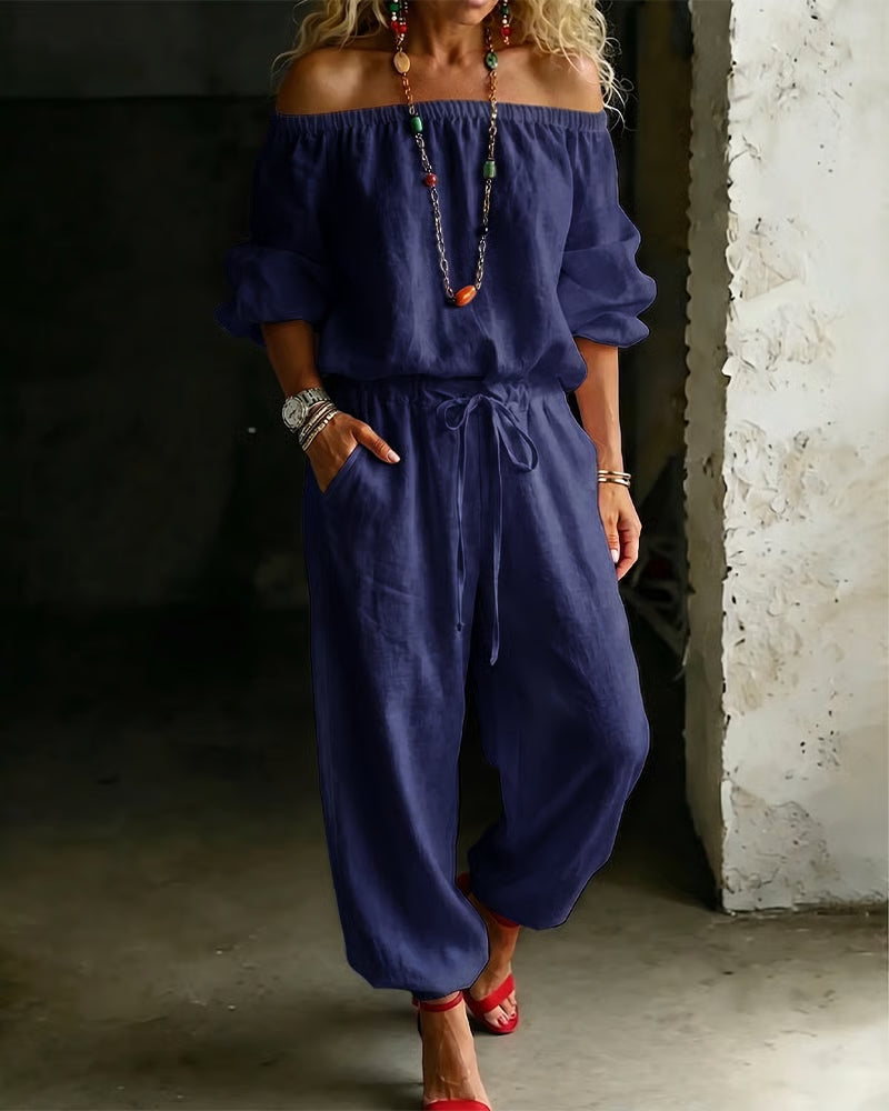 Off-Shoulder Tie Waist Cinched Waist Jumpsuit