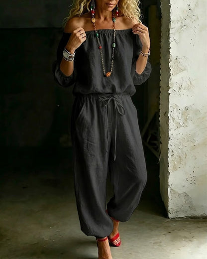 Off-Shoulder Tie Waist Cinched Waist Jumpsuit