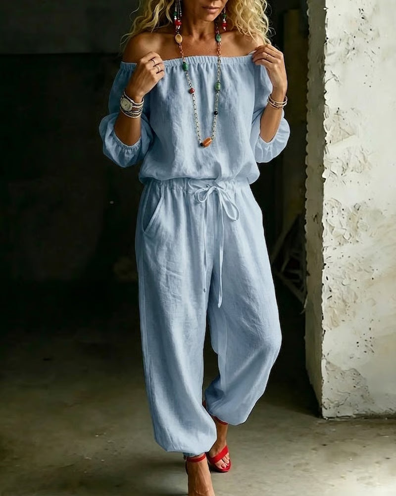 Off-Shoulder Tie Waist Cinched Waist Jumpsuit