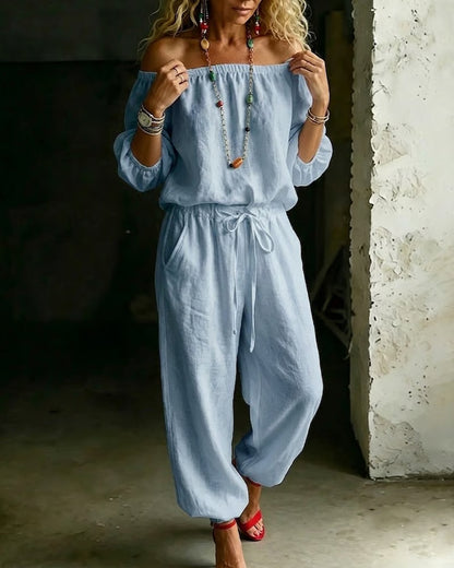 Off-Shoulder Tie Waist Cinched Waist Jumpsuit