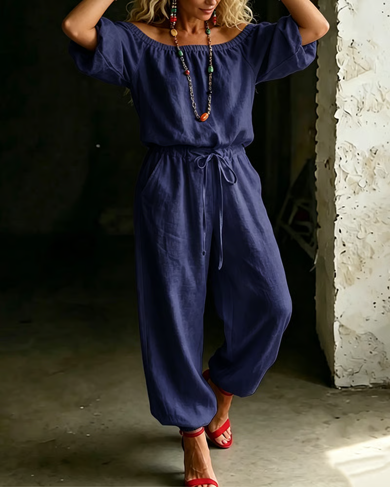 Off-Shoulder Tie Waist Cinched Waist Jumpsuit