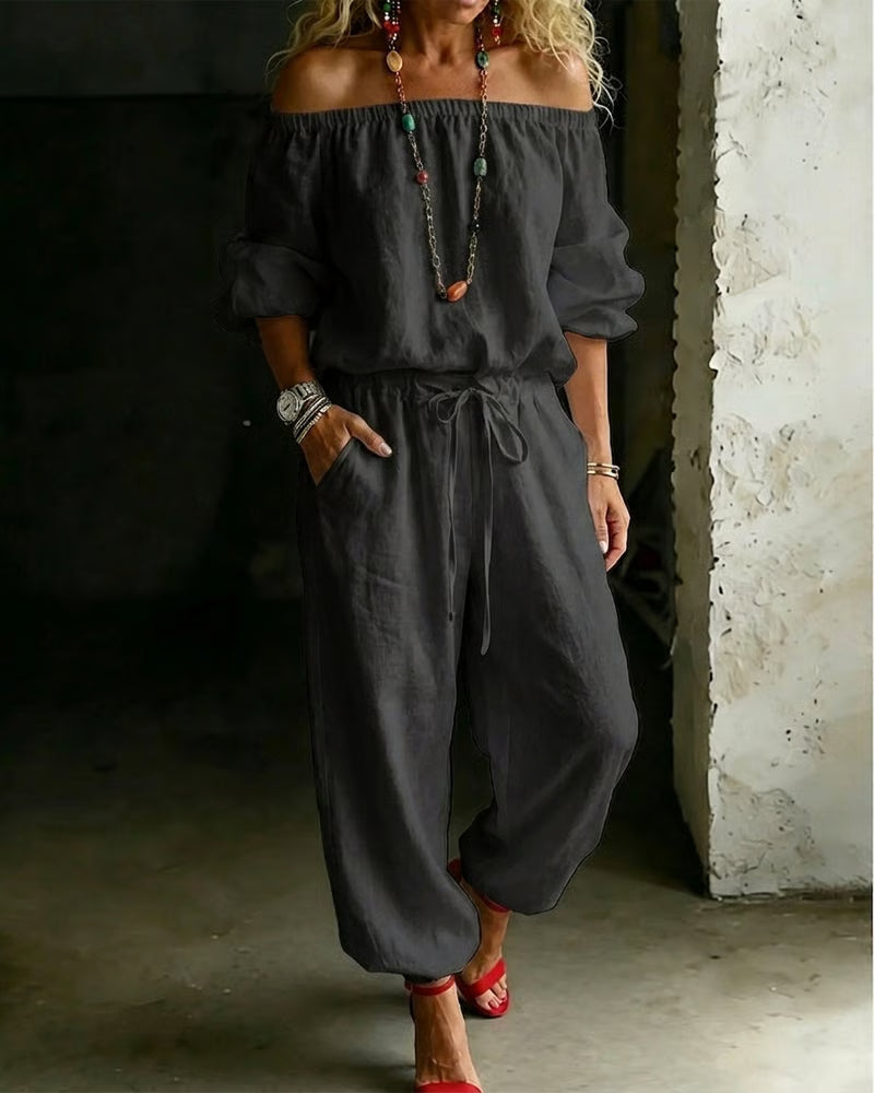Off-Shoulder Tie Waist Cinched Waist Jumpsuit