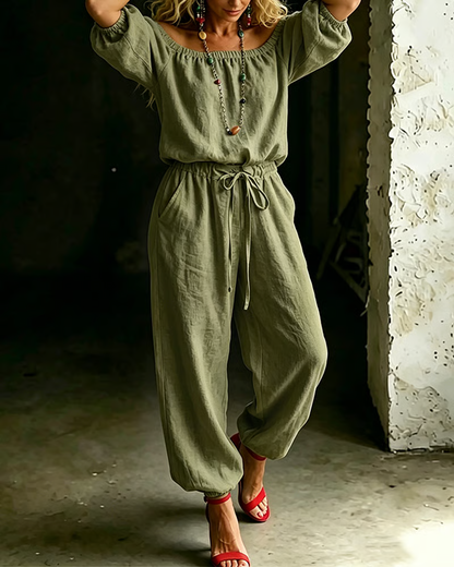 Off-Shoulder Tie Waist Cinched Waist Jumpsuit