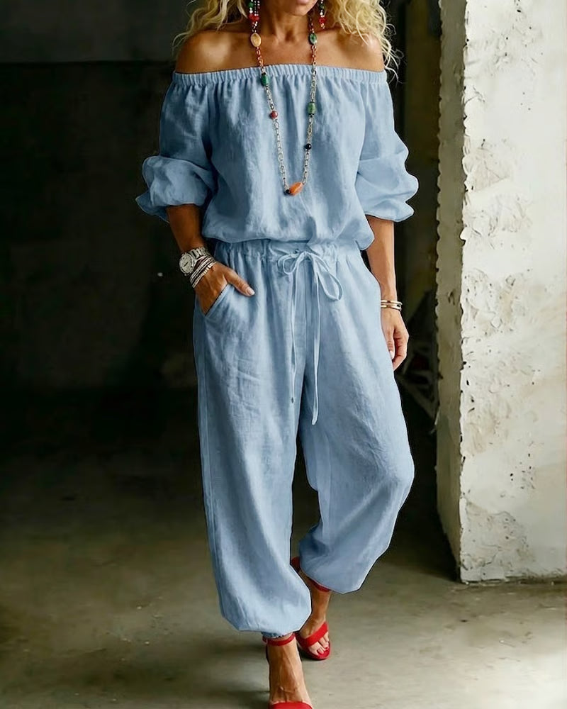 Off-Shoulder Tie Waist Cinched Waist Jumpsuit