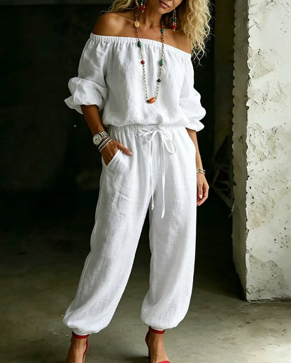 Off-Shoulder Tie Waist Cinched Waist Jumpsuit