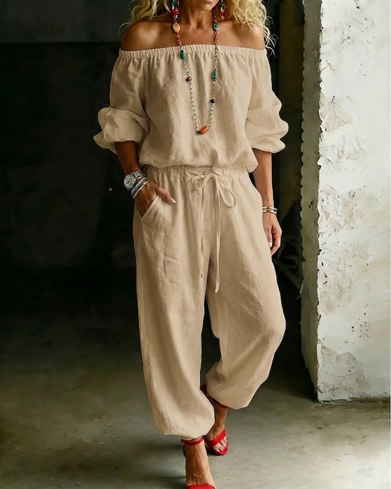 Off-Shoulder Tie Waist Cinched Waist Jumpsuit