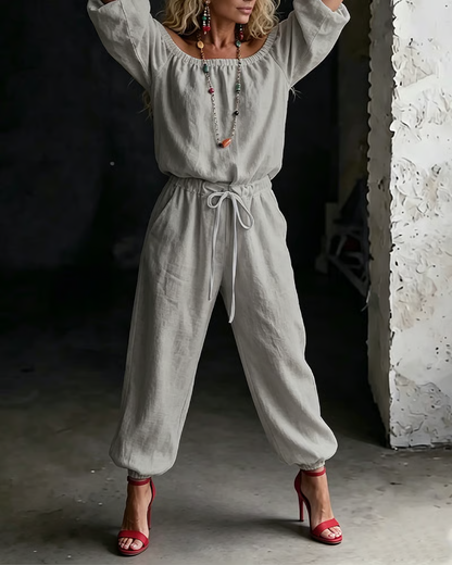 Off-Shoulder Tie Waist Cinched Waist Jumpsuit