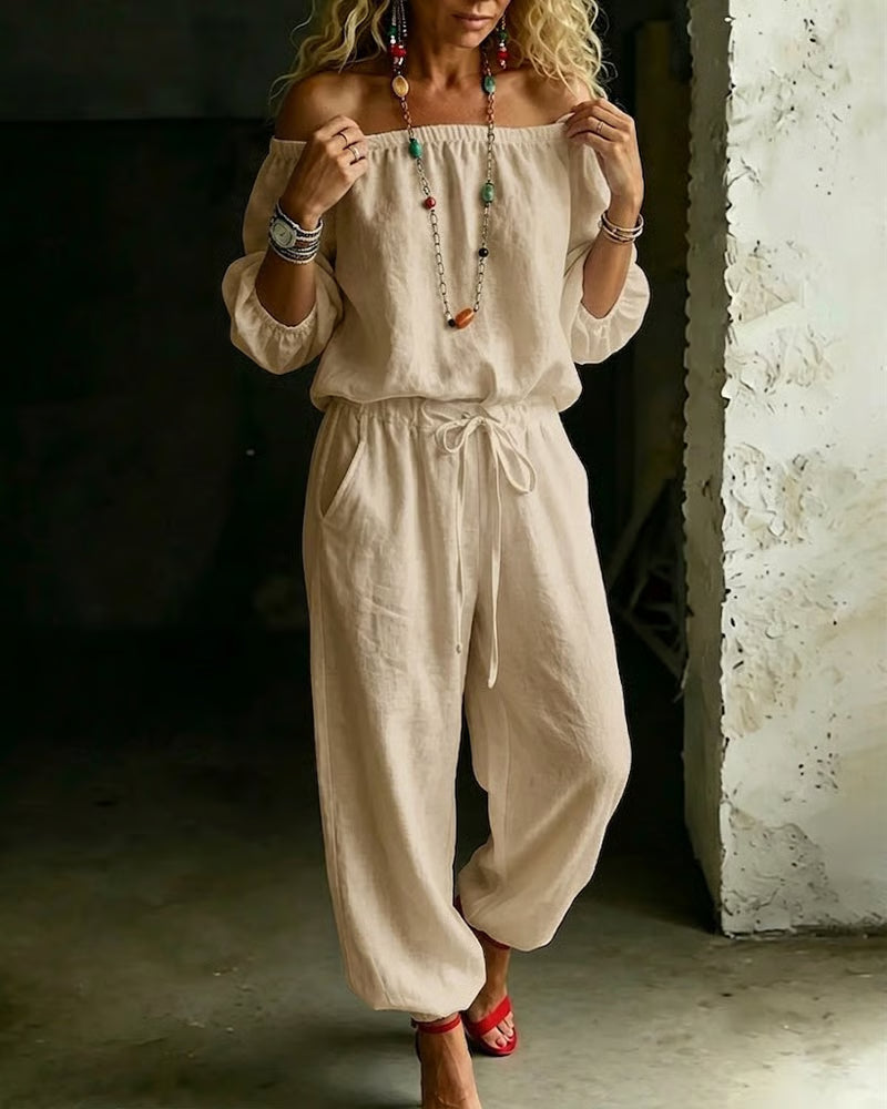 Off-Shoulder Tie Waist Cinched Waist Jumpsuit