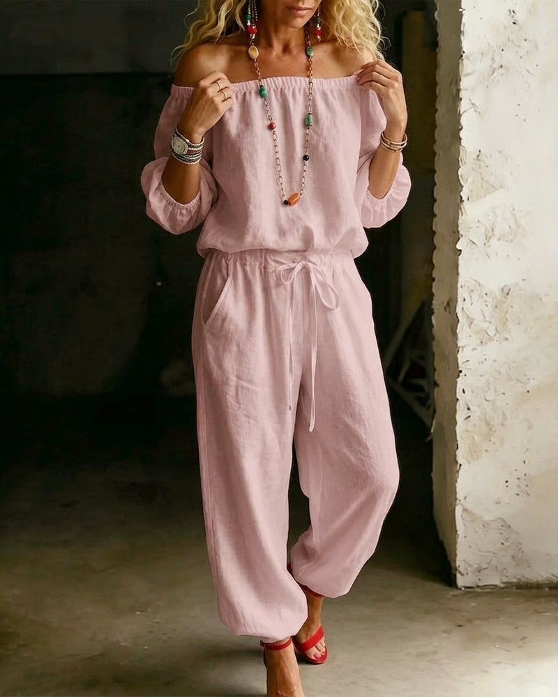 Off-Shoulder Tie Waist Cinched Waist Jumpsuit