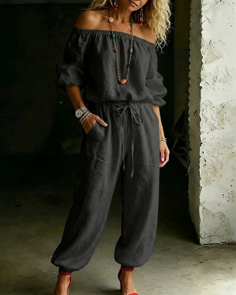 Off-Shoulder Tie Waist Cinched Waist Jumpsuit