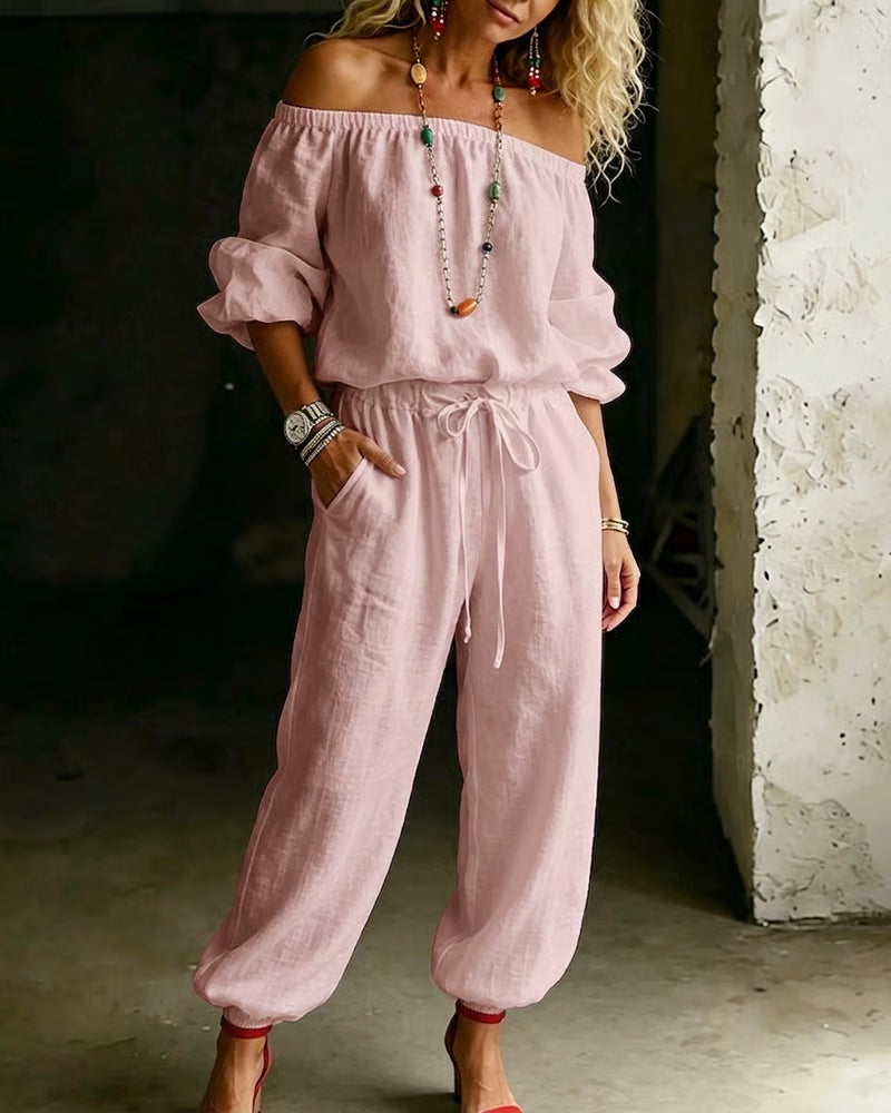 Off-Shoulder Tie Waist Cinched Waist Jumpsuit