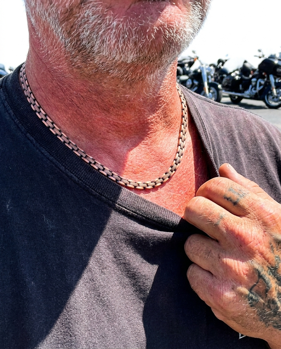 Copper chain worn outdoors