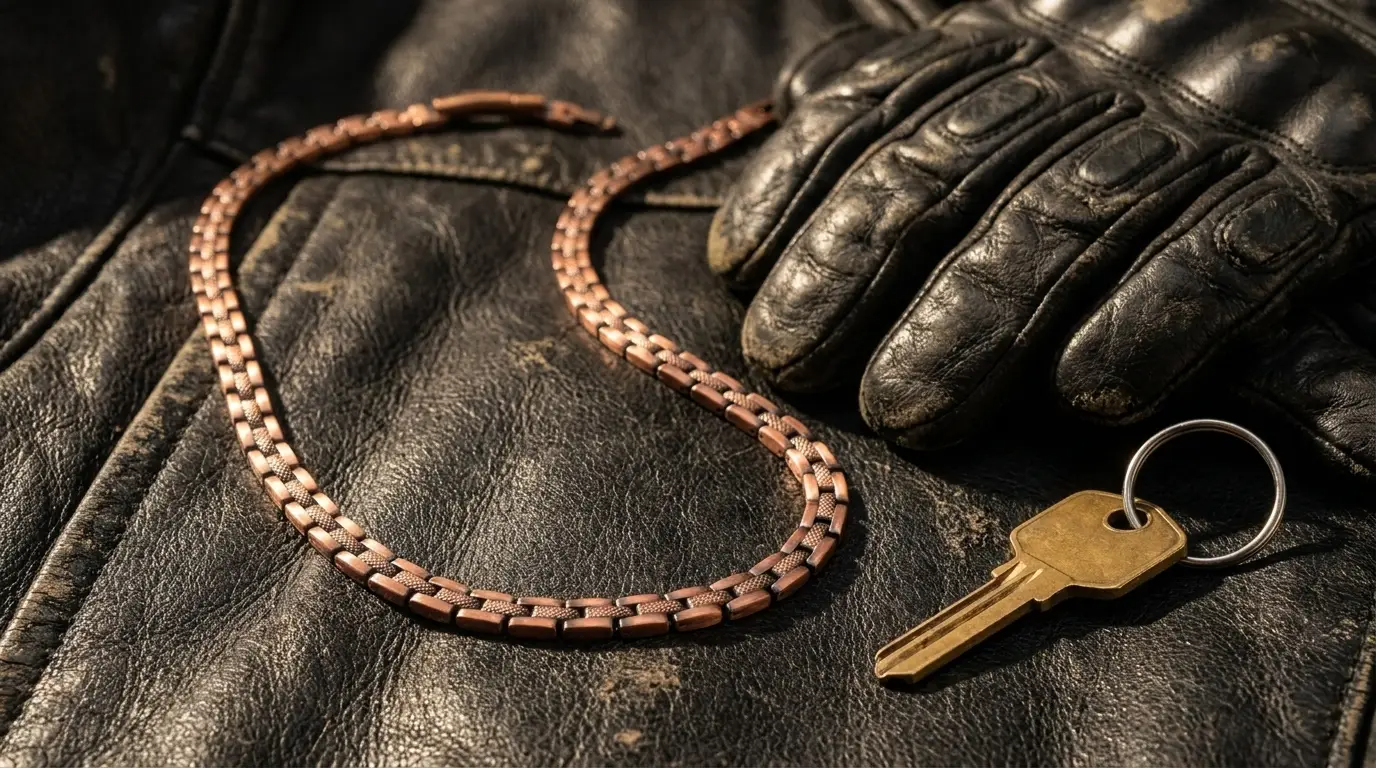 Copper chain on leather riding gear